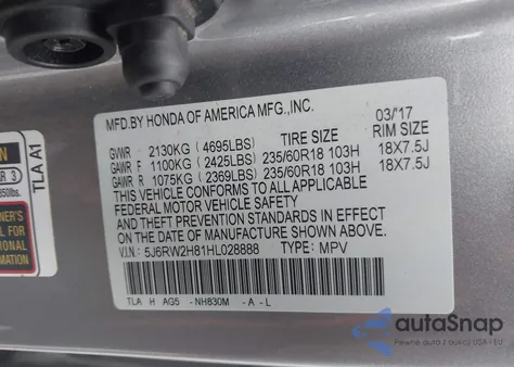 2017 Honda Cr-V Ex-L/Ex-L Navi z USA, uszkodzony, nr VIN 5J6RW2H81HL028888